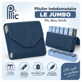 Pilulier hebdomadaire Le Jumbo Plic Care simili cuir bleu 7 jours x 4 prises. Conseils au Comptoir Medical